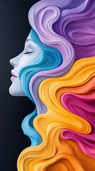 Abstract portrait with vibrant flowing hair in colors of purple, yellow, and pink.