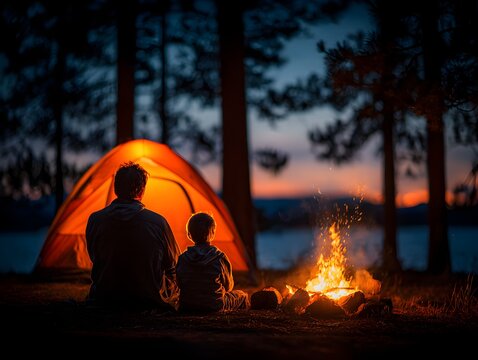 A father and son are enjoying their camping trip next to a bright campfire under the dark night sky.