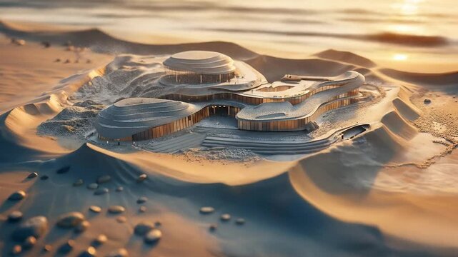 Futuristic architectural buildings sculpted from sand on beach showcasing innovative design merging natural materials with contemporary construction concepts next to the waves of the water