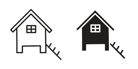Chicken coop icon symbol set in black. line and flat icons