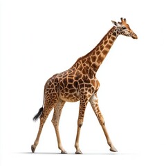 Fototapeta premium Majestic adult giraffe walking gracefully against clean white background, showcasing distinctive spotted pattern and long neck in wildlife photography with free copy space for text