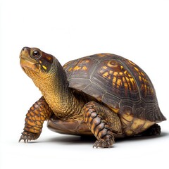 Obraz premium Majestic Box Turtle with Distinctive Orange and Brown Patterned Shell Against White Background, Wildlife Photography of Reptile Species in Studio Setting with Clean Background