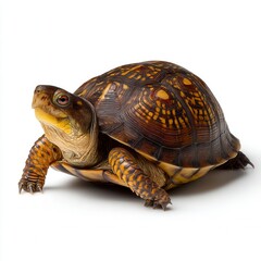 Detailed Eastern Box Turtle with vibrant brown and yellow patterned shell against white background, wildlife photography for nature education or conservation awareness