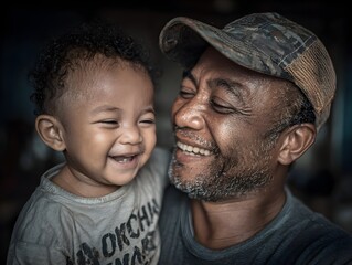 A loving African American grandfather holds his laughing grandchild close in a tender family moment now.
