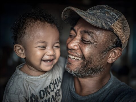 A loving African American grandfather holds his laughing grandchild close in a tender family moment now.