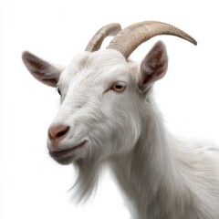Fototapeta premium Majestic white goat portrait with curved horns and expressive eyes against clean white background for farm animal photography, livestock industry, or dairy production