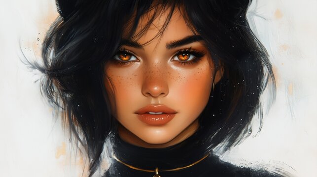 Portrait of a beautiful woman with cat ears and amber eyes.