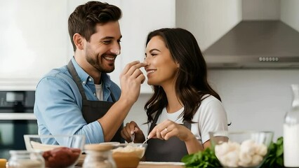 Couple cooking together, flour on nose, smiling, enjoying meal prep. Use for: Relationships, cooking courses, food recipes, healthy lifestyle, kitchen product ads, valentines day. - Powered by Adobe