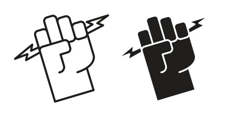 Hand with Power icon symbol set in black. line and flat icons
