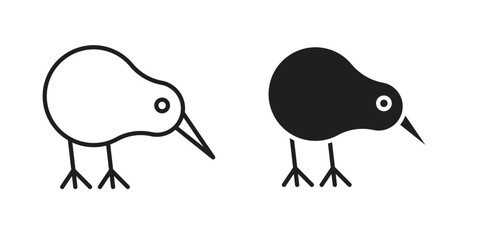 Kiwi bird icon symbol set in black. line and flat icons