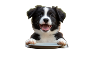 Happy puppy holding an empty plate