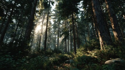 Sunlit Path Through an Ancient Forest of Tall Trees