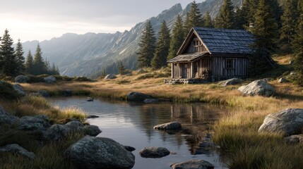 Secluded Mountain Cabin Retreat Nestled by a Reflective Alpine Lake