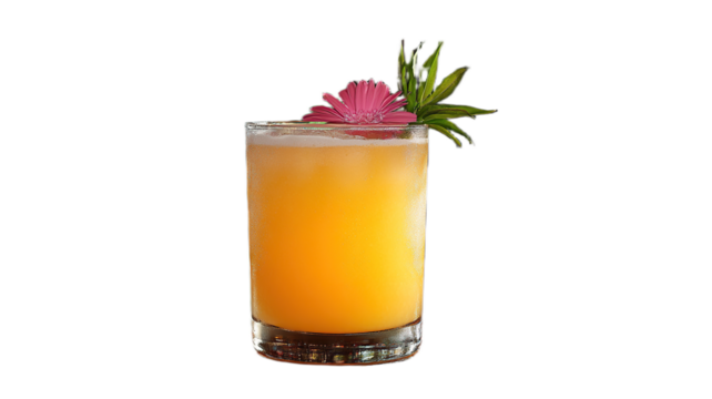 Tropical, golden-orange cocktail garnished with a pink flower and sprig