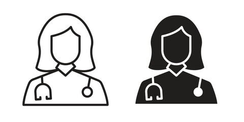 Woman Doctor icon symbol set in black. line and flat icons