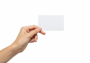 Obraz premium Woman's hand holding a blank white card on a clean white background