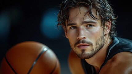 Handsome young man with a basketball, intense gaze.