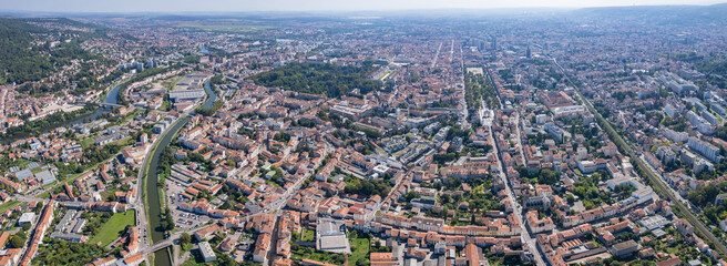 Aerial panorama of the old town around the city Nancy in France on a sunny morning in late summer