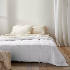 Obraz premium Comfortable bedroom with soft bedding and warm tones in a cozy indoor setting for relaxation.