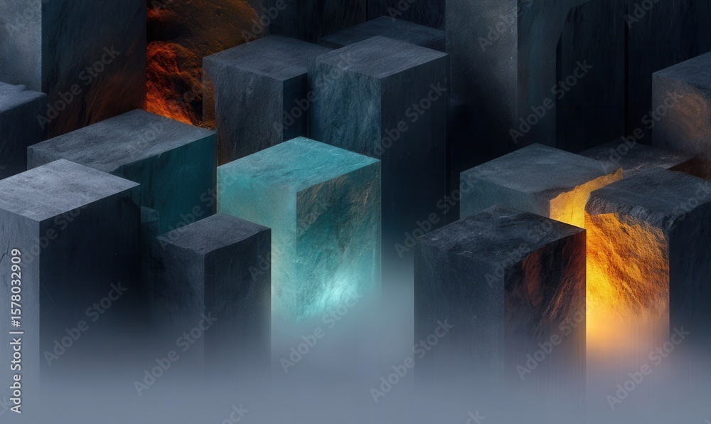 Poster glowing stone blocks arranged in isometric projection on dark background create abstract