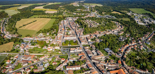 Aerial panorama of the old town around the city Sainte-Menehould  in France on a sunny morning in...