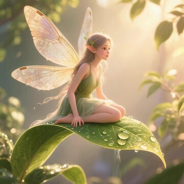 Serene Green Fairy on Dew-Kissed Leaf, Digital Fantasy Art - High-quality stock image for commercial use