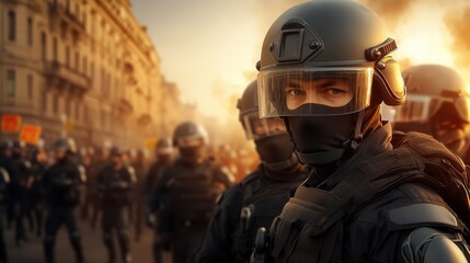 Fototapeta premium Riot police confront protesters during a tense demonstration in the City Street