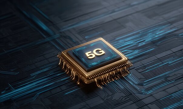 Close-up rendering illustrates a gold 5G Technology microchip on a circuit board