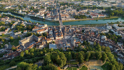 Aerial panorama of the old town around the city Château-Thierry in France on a sunny day in late summer