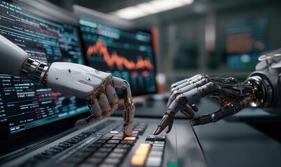 Robot hands trading on financial terminal showing ai and human collaboration