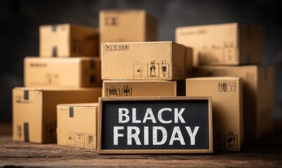 Cardboard boxes stacked with a bright Black Friday sign on a wooden surface