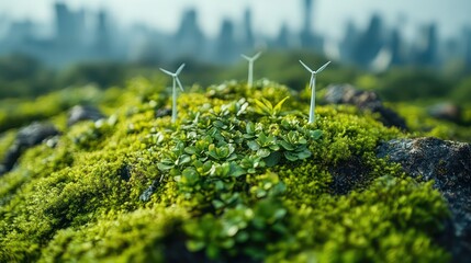 Tiny wind turbines dot a mossy landscape with a city skyline