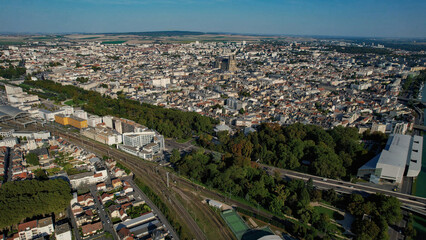 Aerial panorama of the old town around the city Reims in France on a sunny morning in late summer
