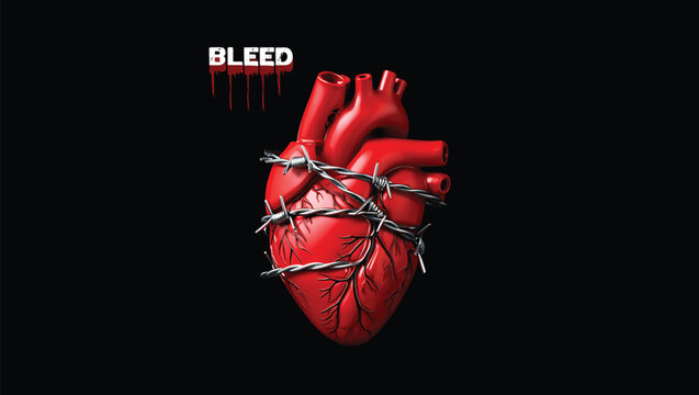 Realistic Red Human Heart Wrapped in Barbed Wire Against Black Background Bleed Text Overlay