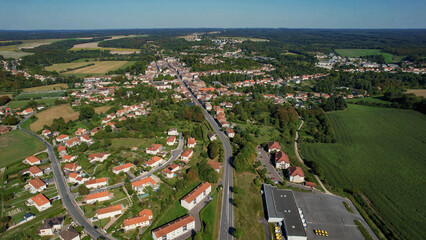 Aerial panorama of the old town around the city Sainte-Menehould  in France on a sunny morning in...