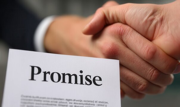 Clasped hands sealing deal with Promise contract symbolizing Business agreement