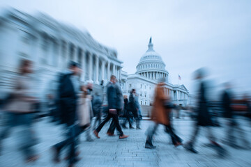 U US Capitol Building with Blurred People: Dynamic Political Motion