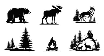 Fototapeta premium Six nature scenes featuring a bear, moose, wolf, trees, campfire, deer, and owl in silhouette style