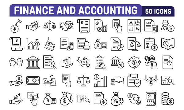 Fifty Finance and Accounting Line Icons:  Modern, Clean, and Professional Design.