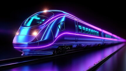 Obraz premium Dark purple express train speeds along the railroad with turquoise and purple highlights