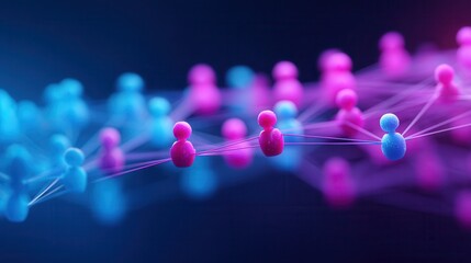 Abstract social network shows people connecting with blue and purple