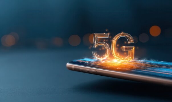Futuristic holographic 5g icon shines over a mobile phone creating a digital display