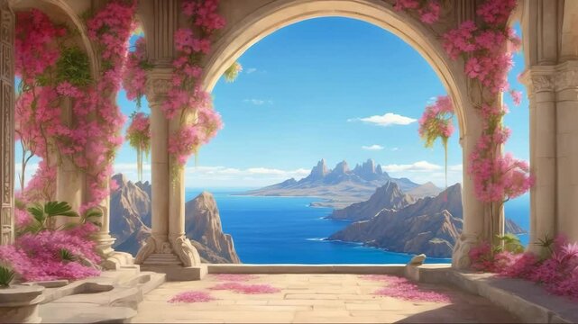 Beautiful view of arch with flowers, flying though to the sea and mountains