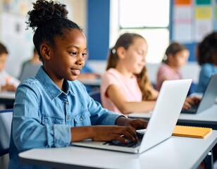 Elementary School Children Learning Basic Computer Knowledge: Diverse Kids in a Modern Colorful Classroom. Schoolchildren Getting Experience with Technology.
