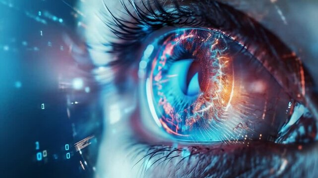 AI scanning and analyzing human eye for disease detection, retinal scan technology, ophthalmology and AI diagnosis. Eye examination with artificial intelligence with medical imaging
