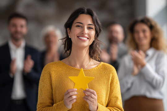 Employee Recognition: Happy Woman with Star Award & Applauding Colleagues