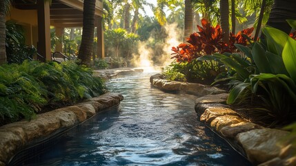 Tropical steam pool with lush ferns and vibrant foliage