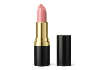 Luxe pink lipstick nestled in black-gold packaging, gleaming against transparent backdrop, highlighting cosmetic elegance
