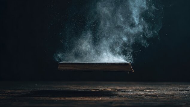 Antique book levitating, smoky aura