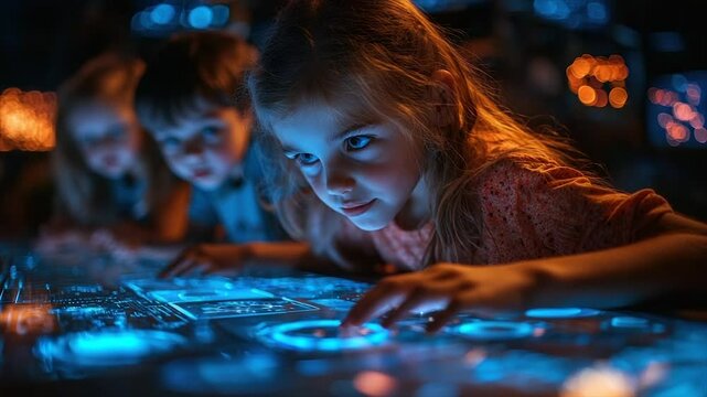 Children engrossed in interactive exhibit, glowing surface